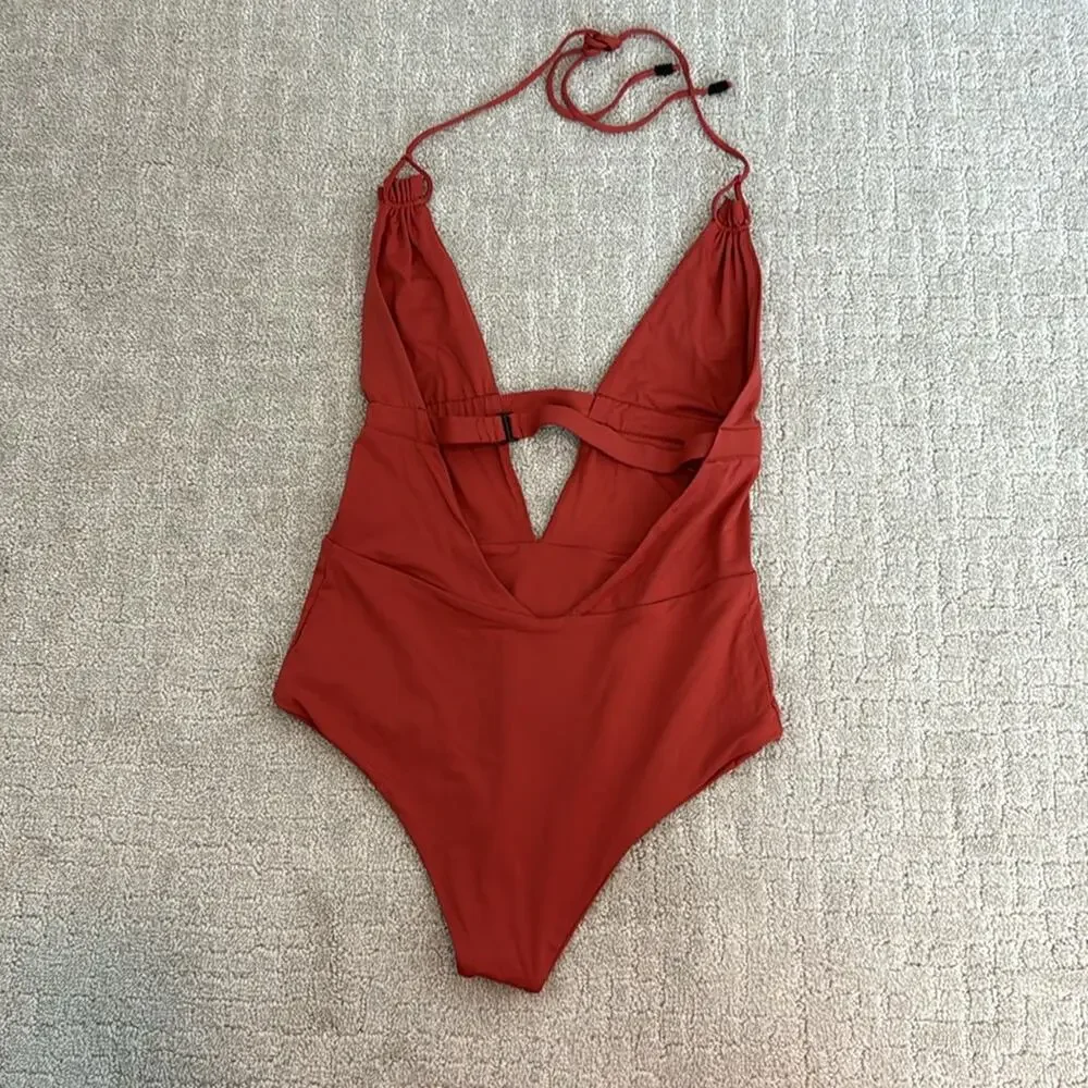 Tavik “Emme” halter one piece rust red dusty plunge v neck high cut cheeky